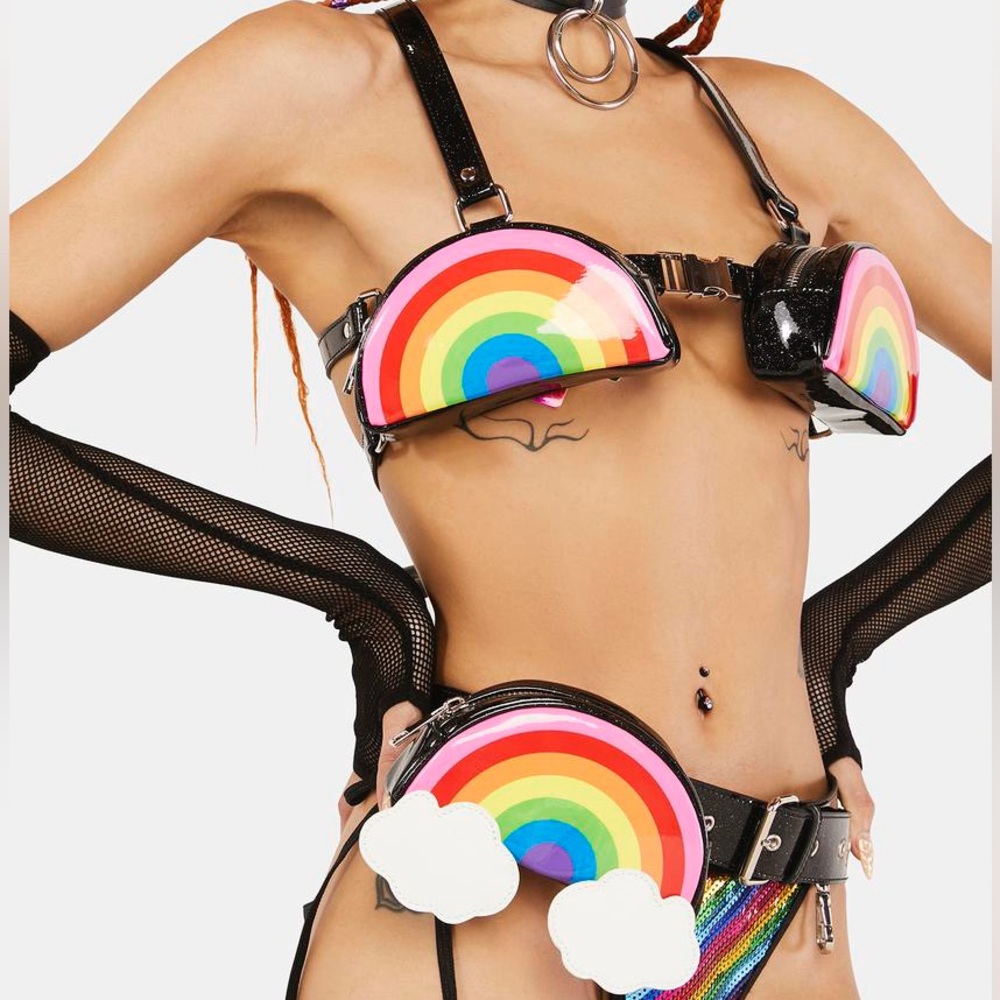Dolls Kill rainbow and clouds fanny pack and top with black glitter